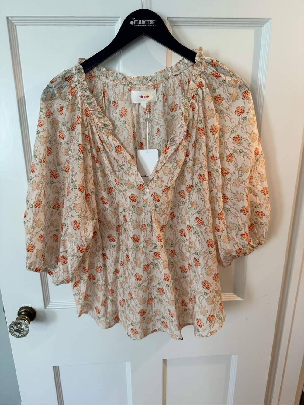 XiRENA Cream Floral Peasant Blouse with Orange & Green Print